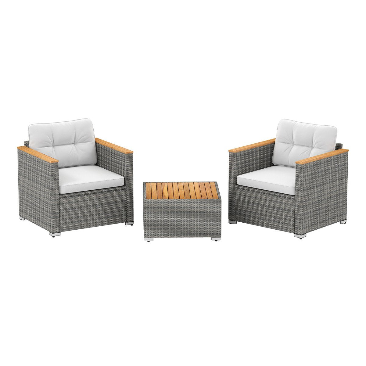 3 Pieces Patio Rattan Furniture Set with Cushions and Acacia Wood Top Coffee Table-White