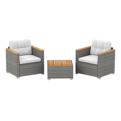 3 Pieces Patio Rattan Furniture Set with Cushions and Acacia Wood Top Coffee Table-White