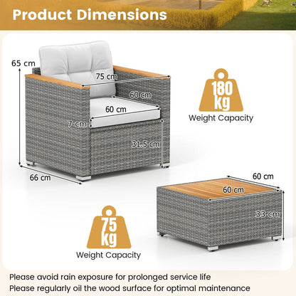 3 Pieces Patio Rattan Furniture Set with Cushions and Acacia Wood Top Coffee Table-White