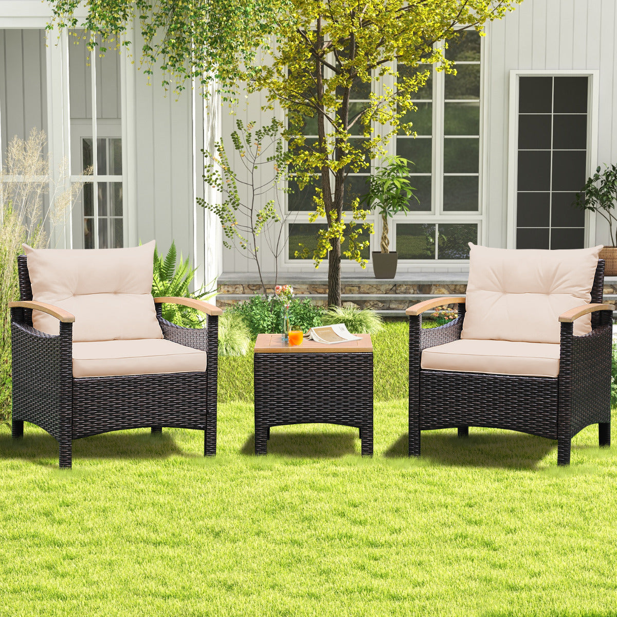 3 Pieces Patio Rattan Furniture Set with Cushions for Porch Backyard-Brown