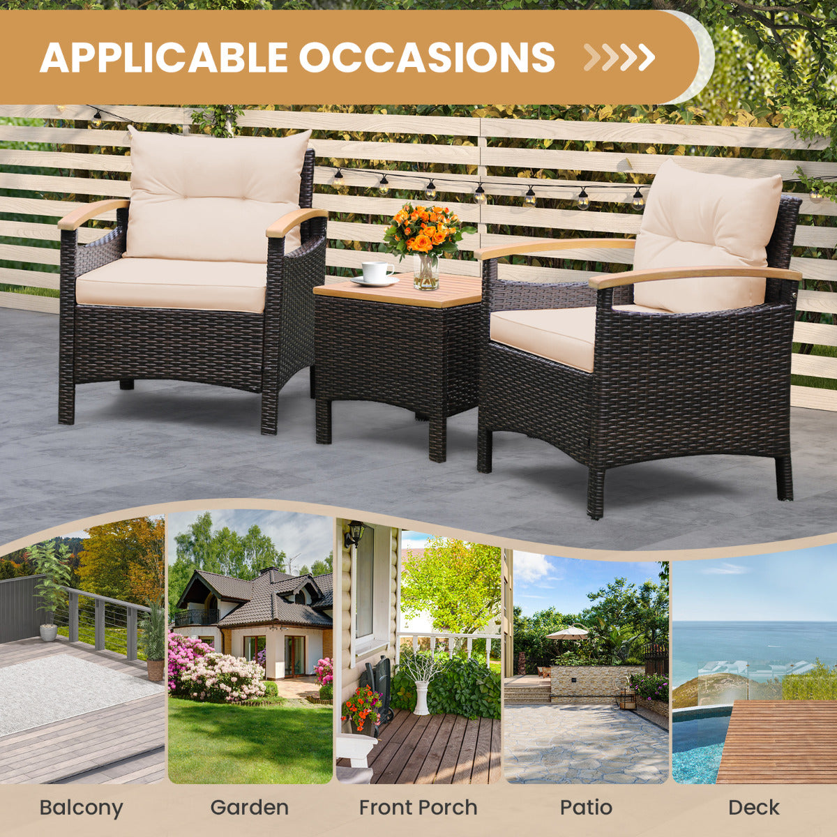 3 Pieces Patio Rattan Furniture Set with Cushions for Porch Backyard-Brown