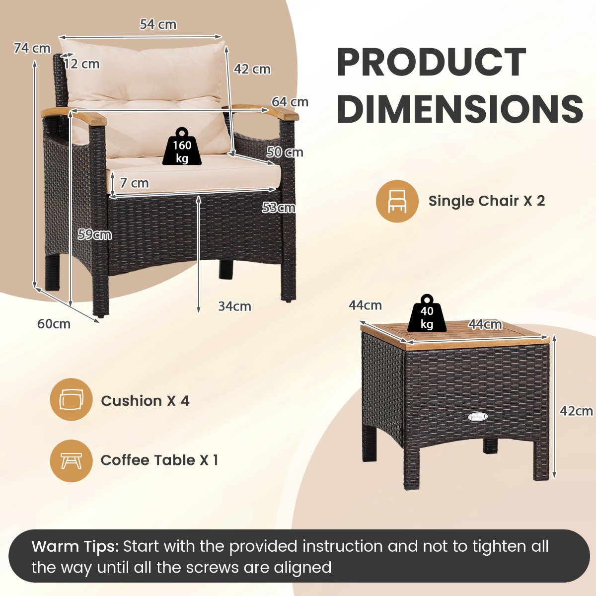 3 Pieces Patio Rattan Furniture Set with Cushions for Porch Backyard-Brown