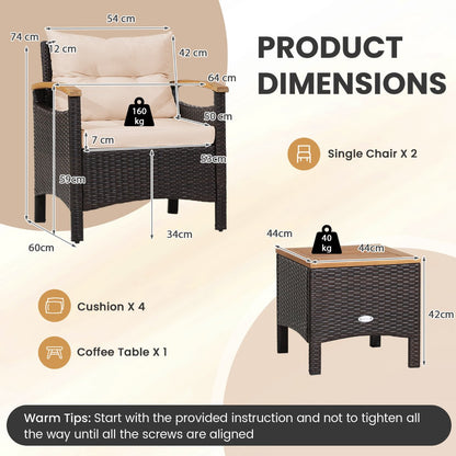 3 Pieces Patio Rattan Furniture Set with Cushions for Porch Backyard-Brown