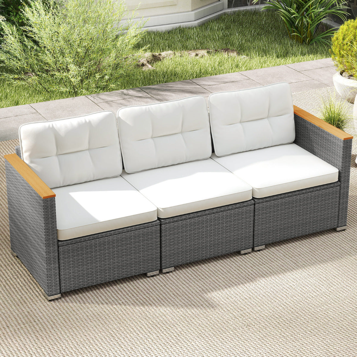 3-Seat Patio Couch Sofa with Deep Seating and Cushion-White