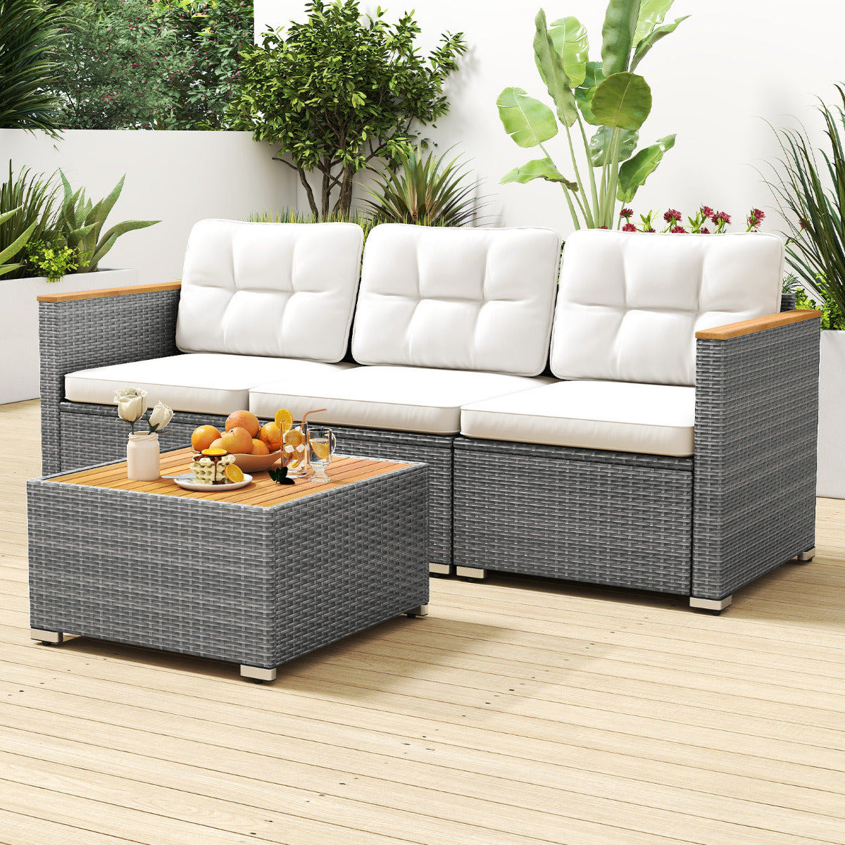 3-Seat Patio Couch Sofa with Deep Seating and Cushion-White