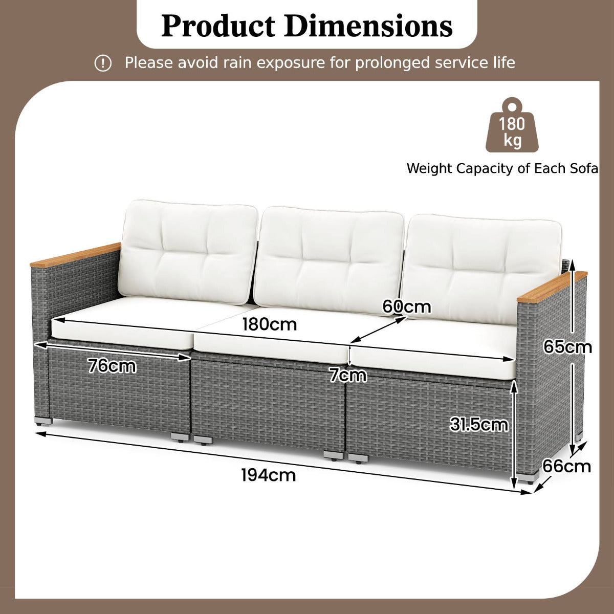 3-Seat Patio Couch Sofa with Deep Seating and Cushion-White