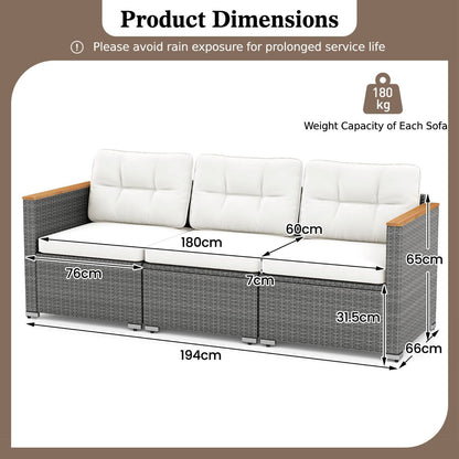 3-Seat Patio Couch Sofa with Deep Seating and Cushion-White