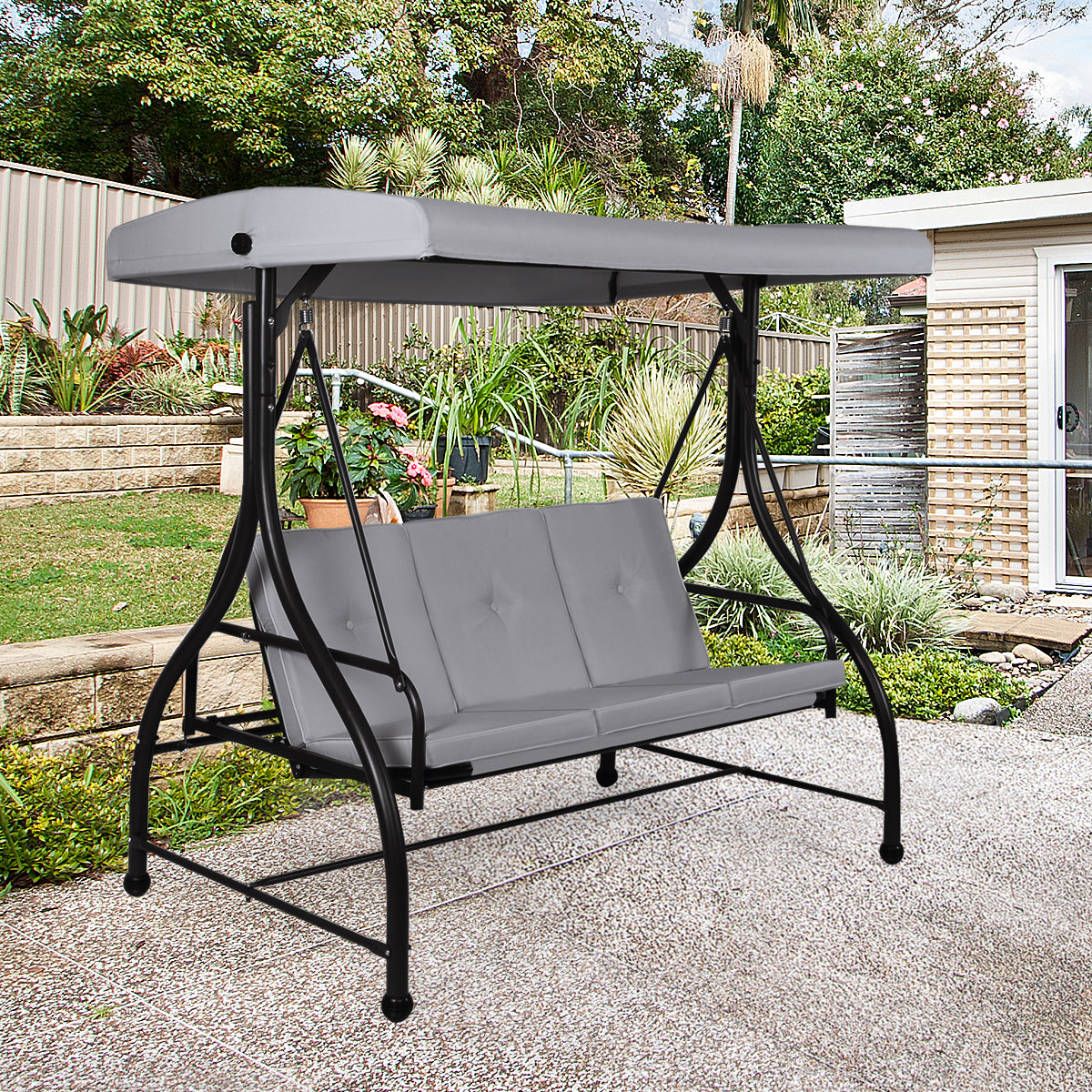 3 Seater Garden Swing Chair with Adjustable Canopy and Cushions-Grey