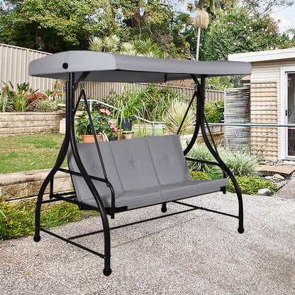 3 Seater Garden Swing Chair with Adjustable Canopy and Cushions-Grey
