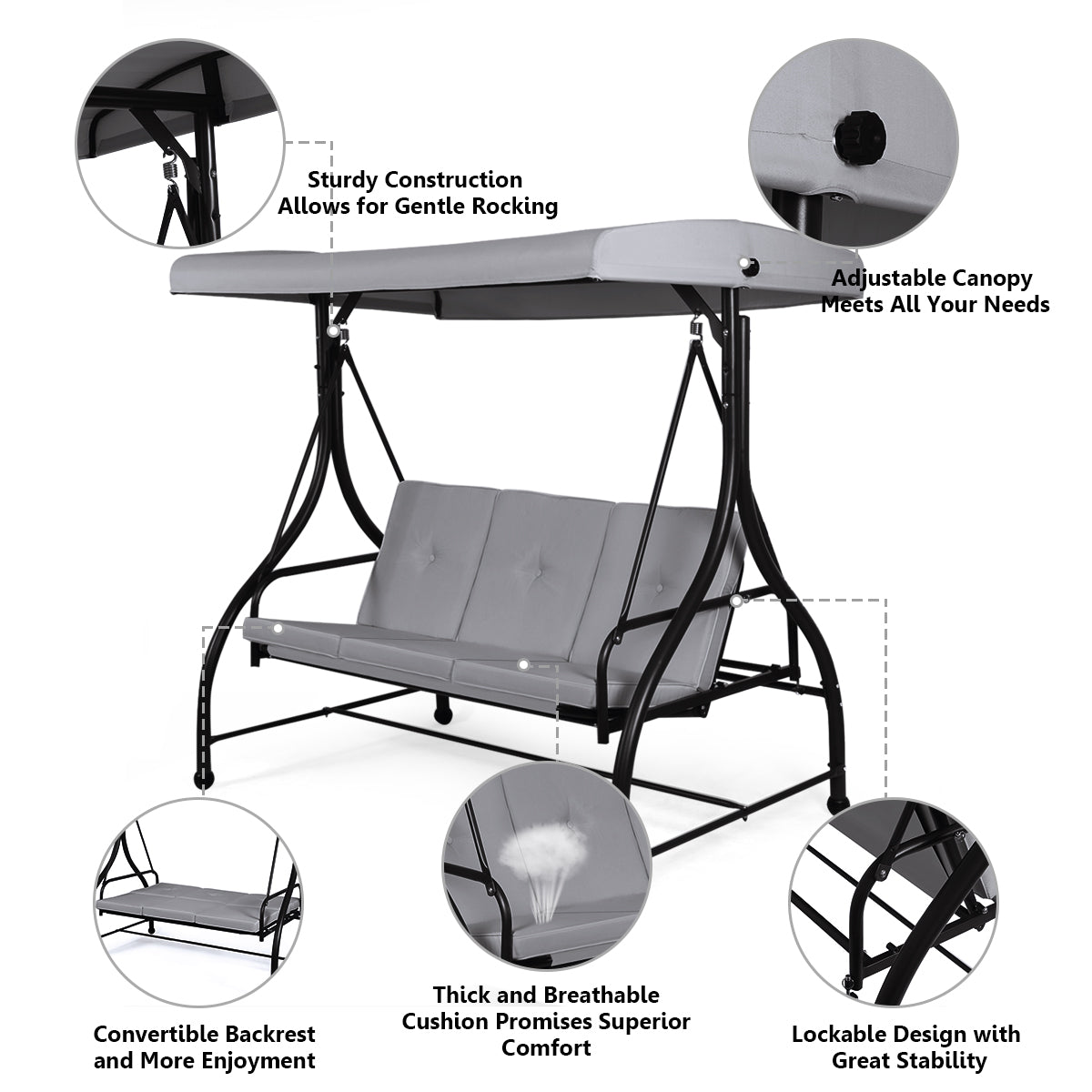 3 Seater Garden Swing Chair with Adjustable Canopy and Cushions-Grey