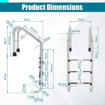 3-Step 304 Stainless Steel Swimming Pool Ladder with Non-slip Steps and Handrails