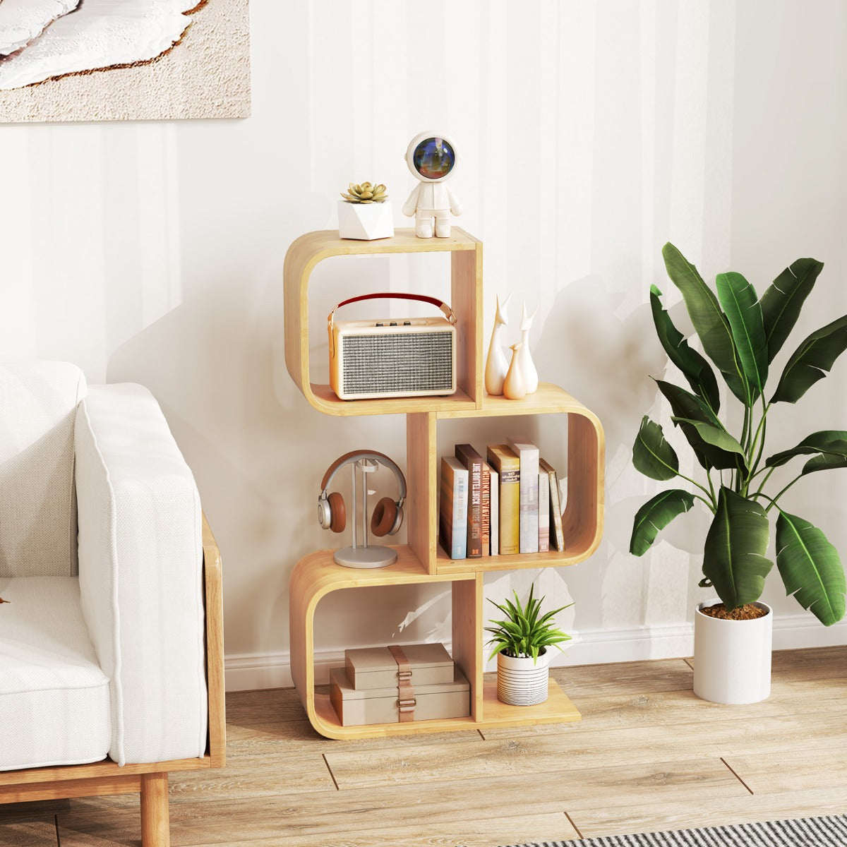 S-Shaped Bookcase Bamboo Bookshelf with 2 Open Cubes-3-Tier