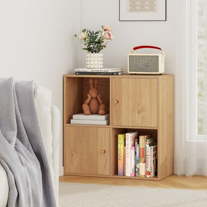 3-Tier Bookshelf with Dual Anti-Tipping Kits and 2 Cabinets-Natural