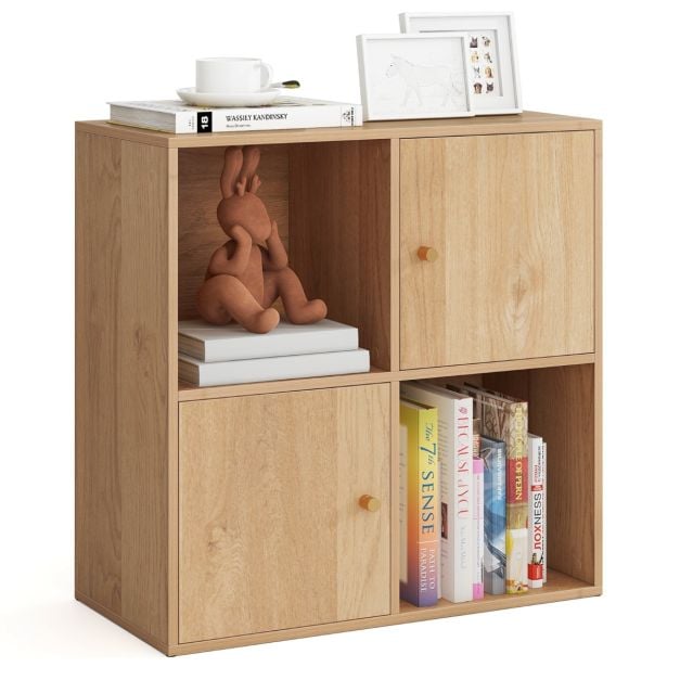 3-Tier Bookshelf with Dual Anti-Tipping Kits and 2 Cabinets-Natural