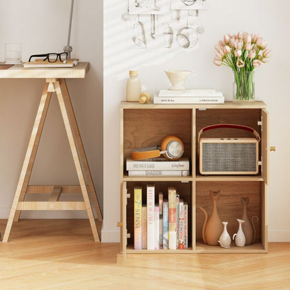 3-Tier Bookshelf with Dual Anti-Tipping Kits and 2 Cabinets-Natural