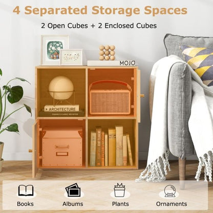 3-Tier Bookshelf with Dual Anti-Tipping Kits and 2 Cabinets-Natural