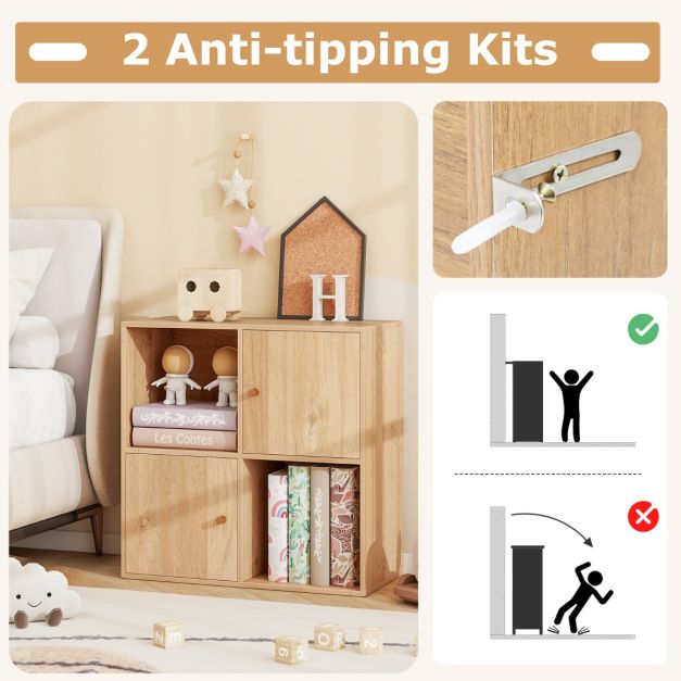 3-Tier Bookshelf with Dual Anti-Tipping Kits and 2 Cabinets-Natural