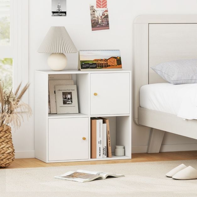 3-Tier Bookshelf with Dual Anti-Tipping Kits and 2 Cabinets-White