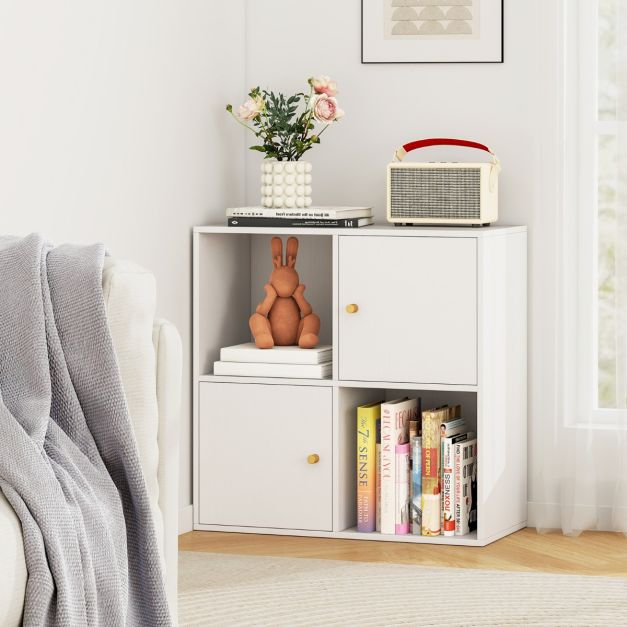 3-Tier Bookshelf with Dual Anti-Tipping Kits and 2 Cabinets-White