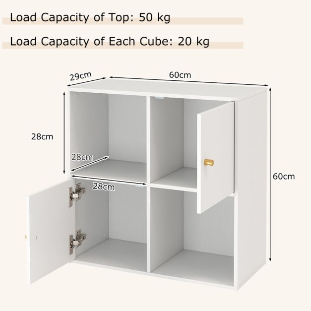 3-Tier Bookshelf with Dual Anti-Tipping Kits and 2 Cabinets-White