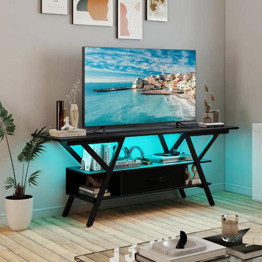 3-Tier Entertainment Center with LED Lights and Power Outlets-Black