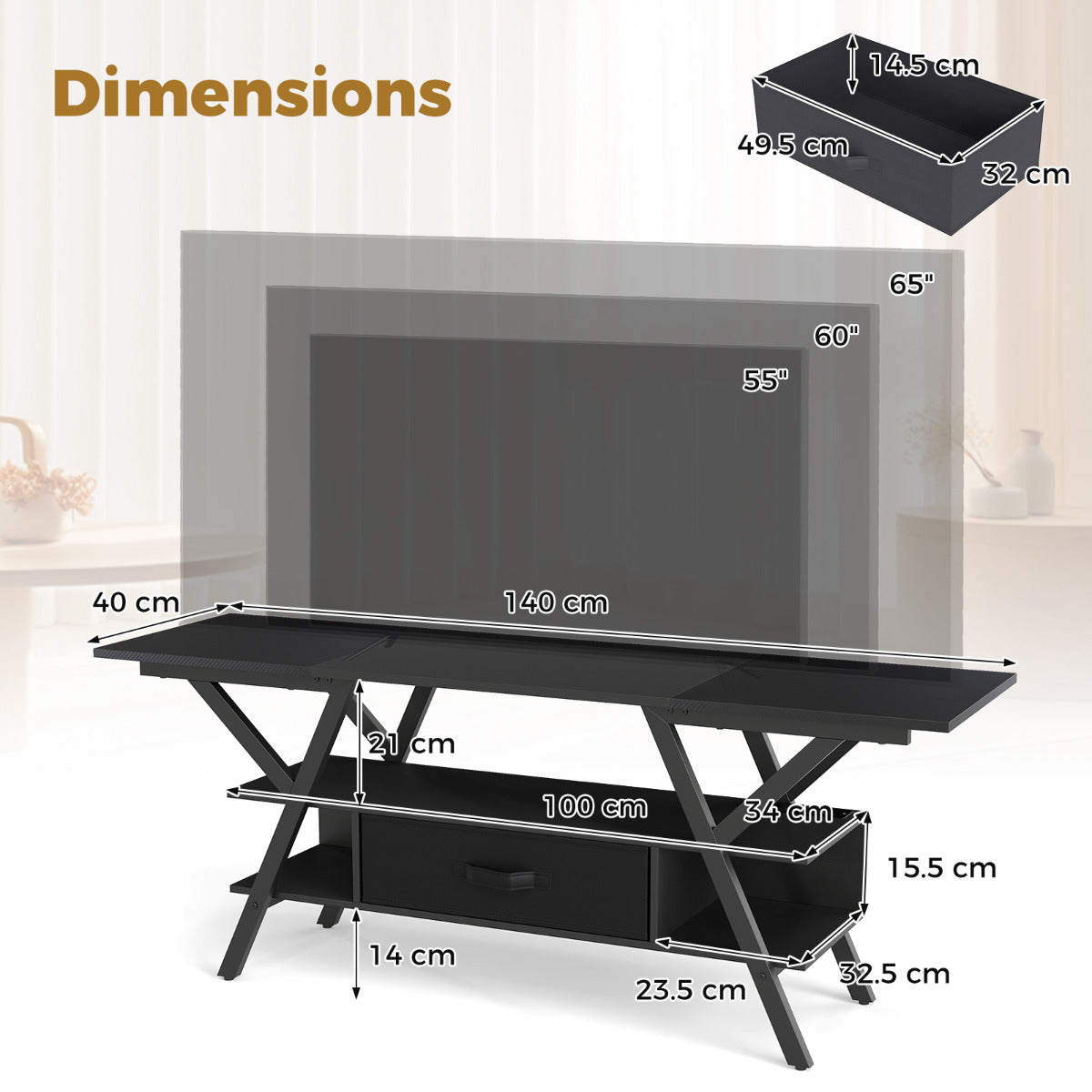 3-Tier Entertainment Center with LED Lights and Power Outlets-Black
