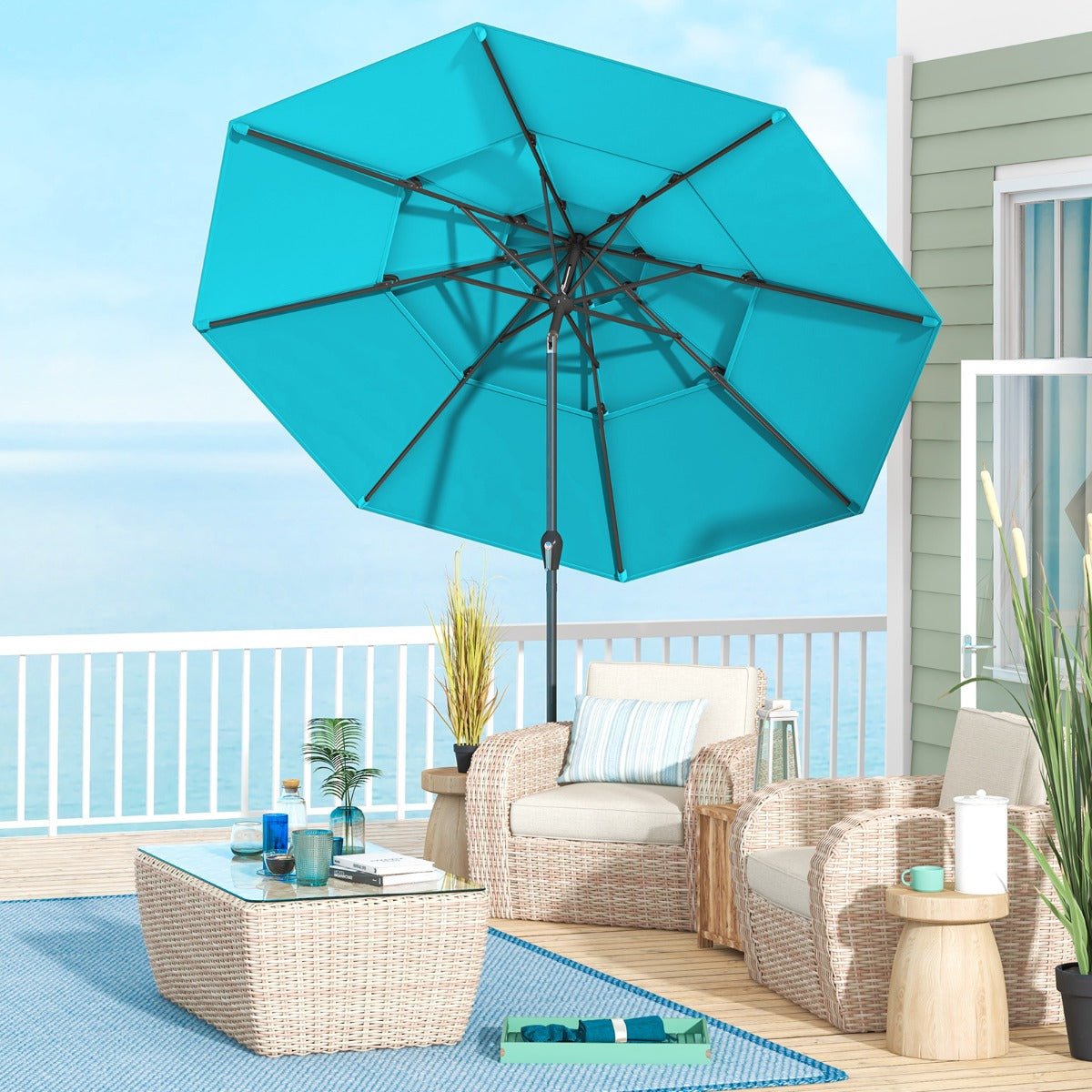 296cm 3 Tier Outdoor Umbrella With Double Vented for Market Backyard Pool Garden-Turquoise