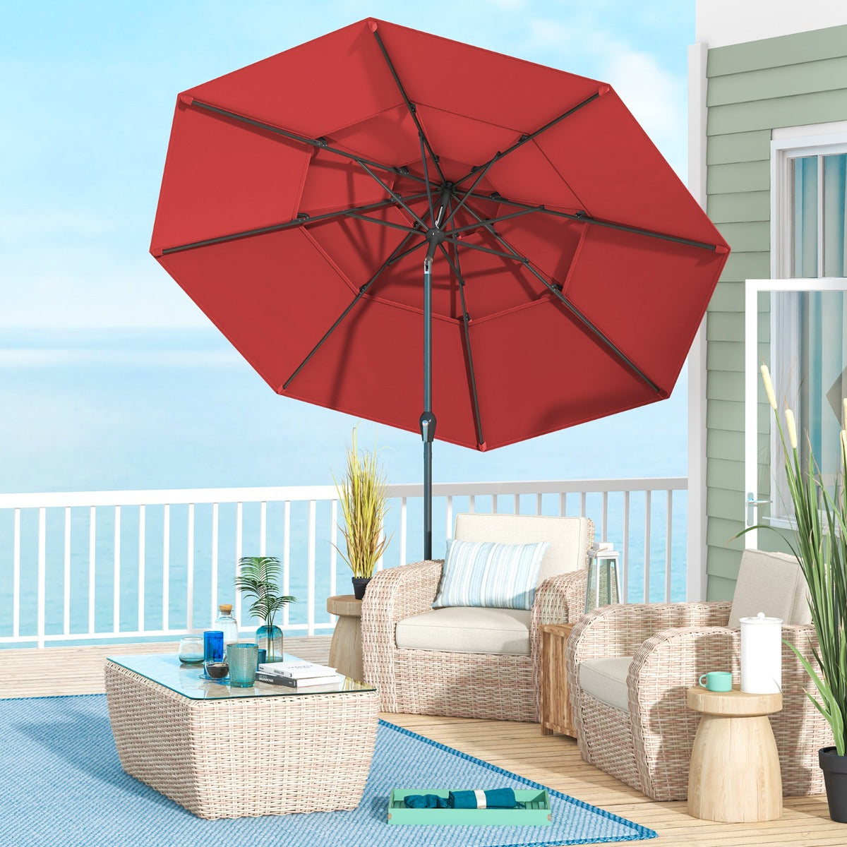 296cm 3 Tier Outdoor Umbrella With Double Vented for Market Backyard Pool Garden-Red