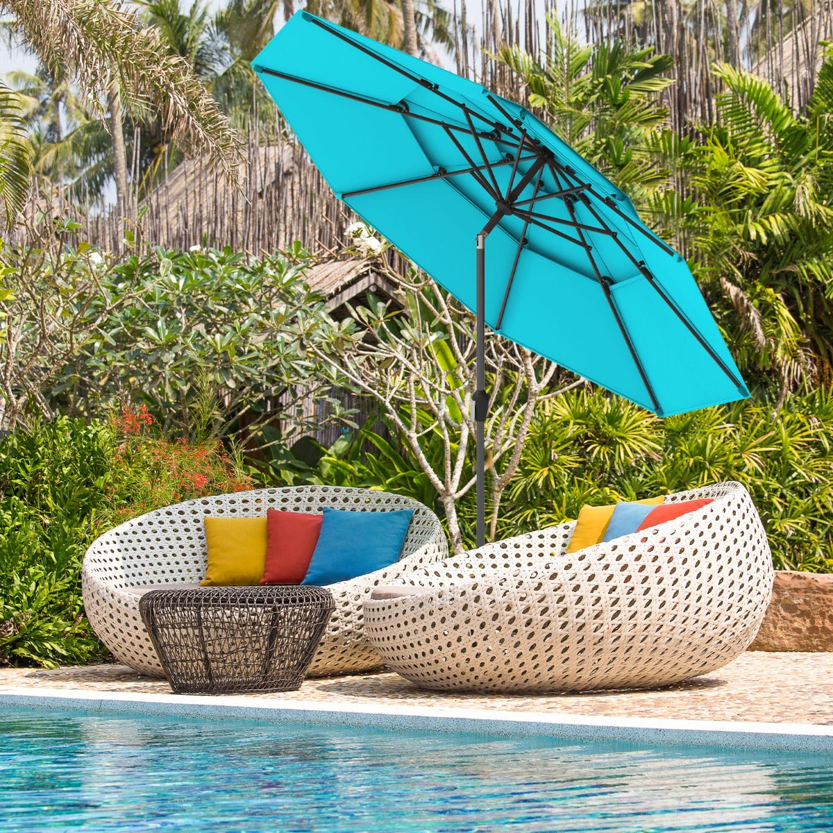 296cm 3 Tier Outdoor Umbrella With Double Vented for Market Backyard Pool Garden-Turquoise