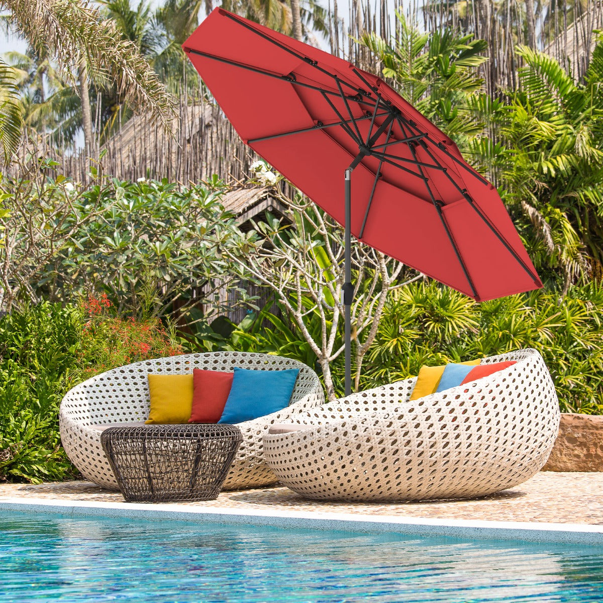 296cm 3 Tier Outdoor Umbrella With Double Vented for Market Backyard Pool Garden-Red