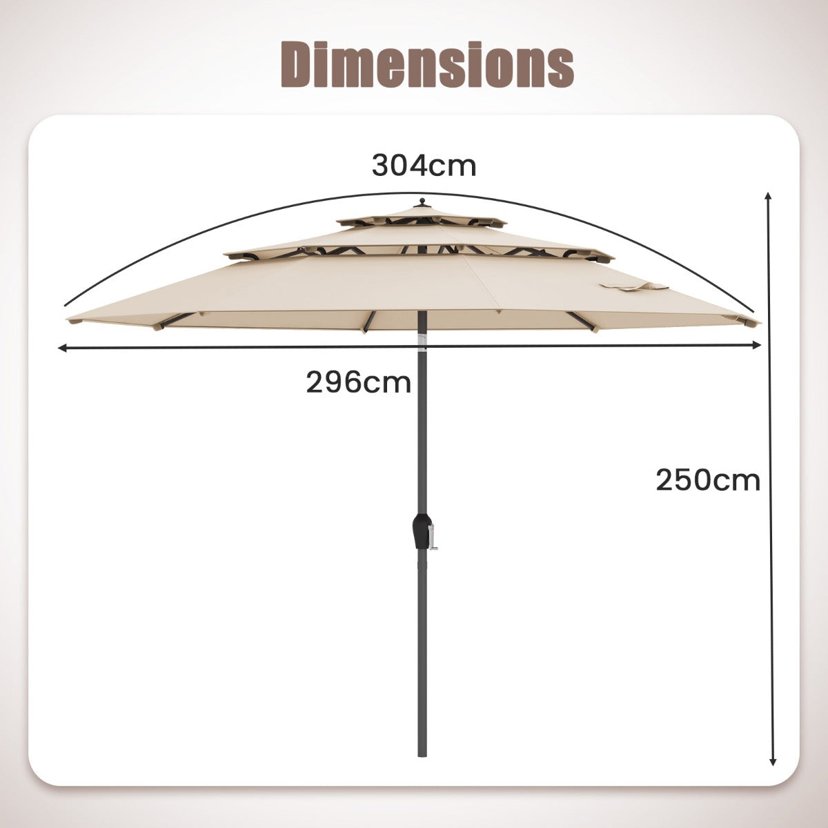 296cm 3 Tier Outdoor Umbrella With Double Vented for Market Backyard Pool Garden-Brown