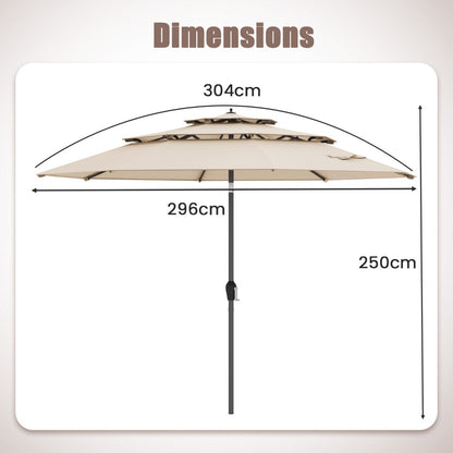 296cm 3 Tier Outdoor Umbrella With Double Vented for Market Backyard Pool Garden-Brown