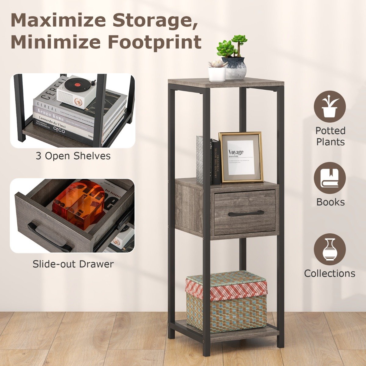 3 Tier Tall Metal Plant Stand with Drawer Anti-tipping Devices-Grey