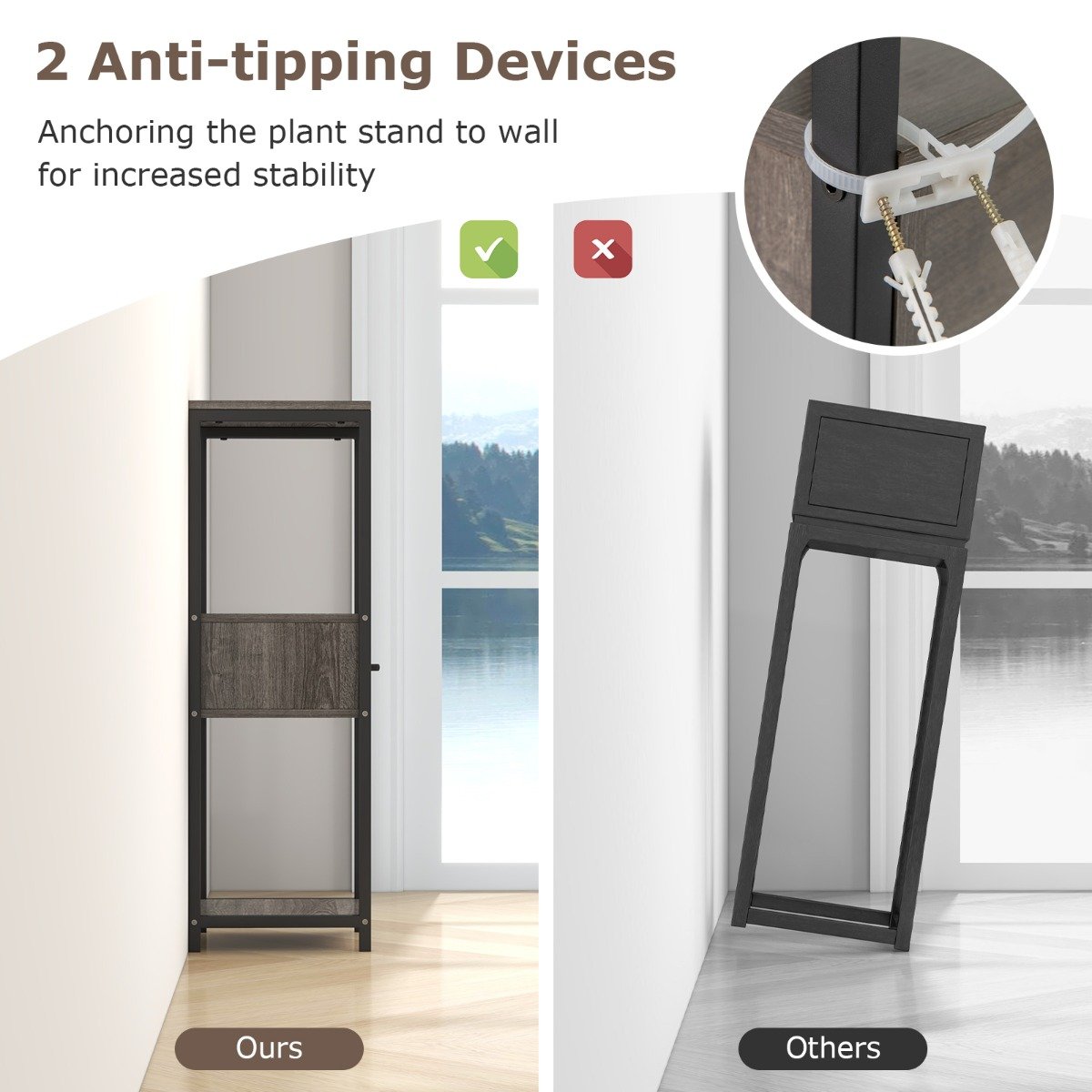 3 Tier Tall Metal Plant Stand with Drawer Anti-tipping Devices-Grey