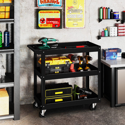 3-Tier Tool Trolley with Handle and Lockable Wheels-Black