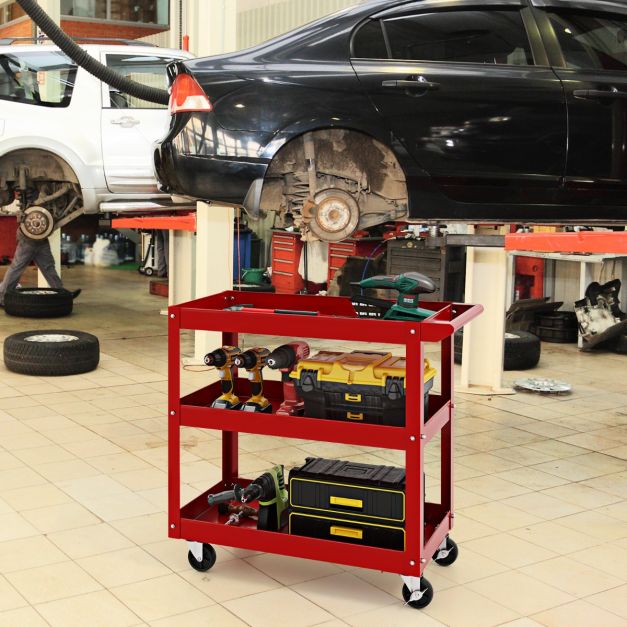 3-Tier Tool Trolley with Handle and Lockable Wheels-Red