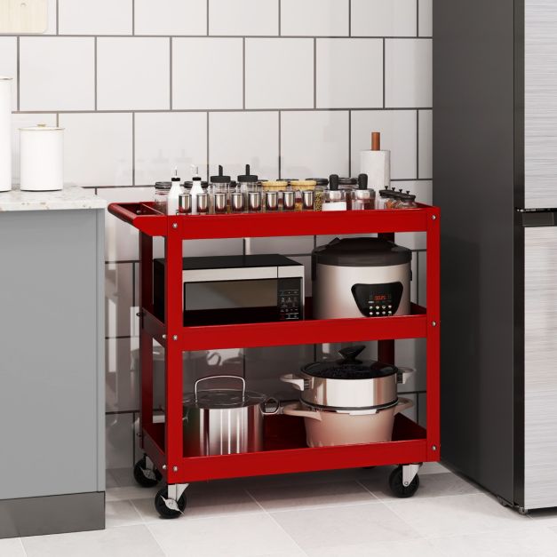 3-Tier Tool Trolley with Handle and Lockable Wheels-Red