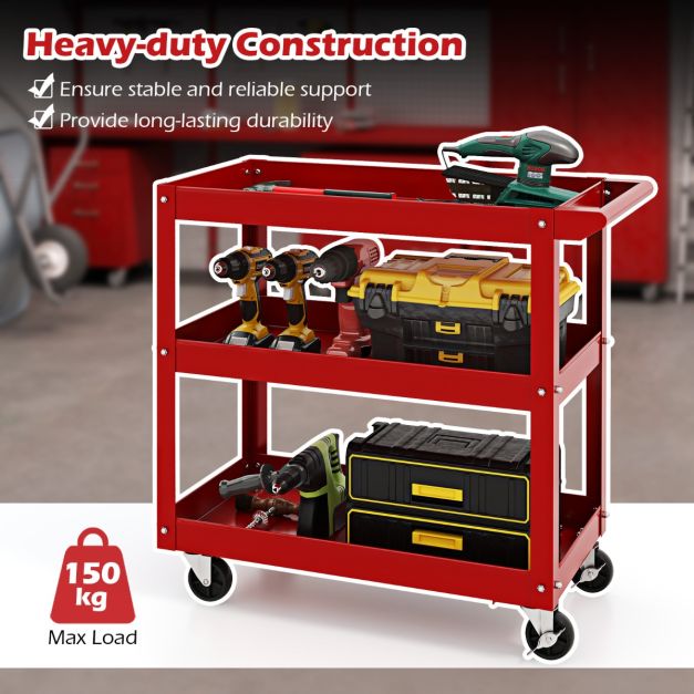3-Tier Tool Trolley with Handle and Lockable Wheels-Red