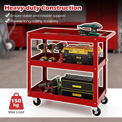 3-Tier Tool Trolley with Handle and Lockable Wheels-Red