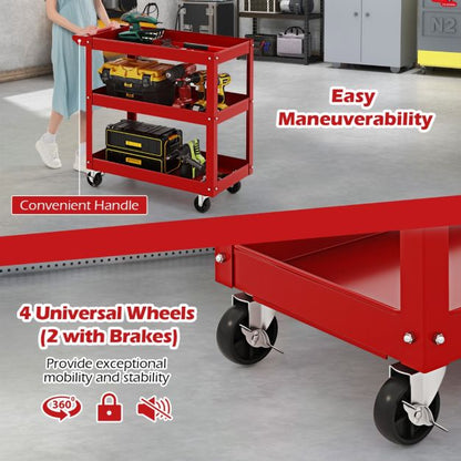 3-Tier Tool Trolley with Handle and Lockable Wheels-Red