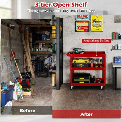 3-Tier Tool Trolley with Handle and Lockable Wheels-Red