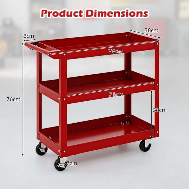 3-Tier Tool Trolley with Handle and Lockable Wheels-Red