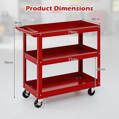 3-Tier Tool Trolley with Handle and Lockable Wheels-Red