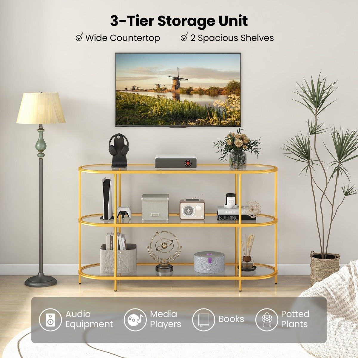 3-Tier TV Stand with Tempered Glass Shelves for TVs-Golden
