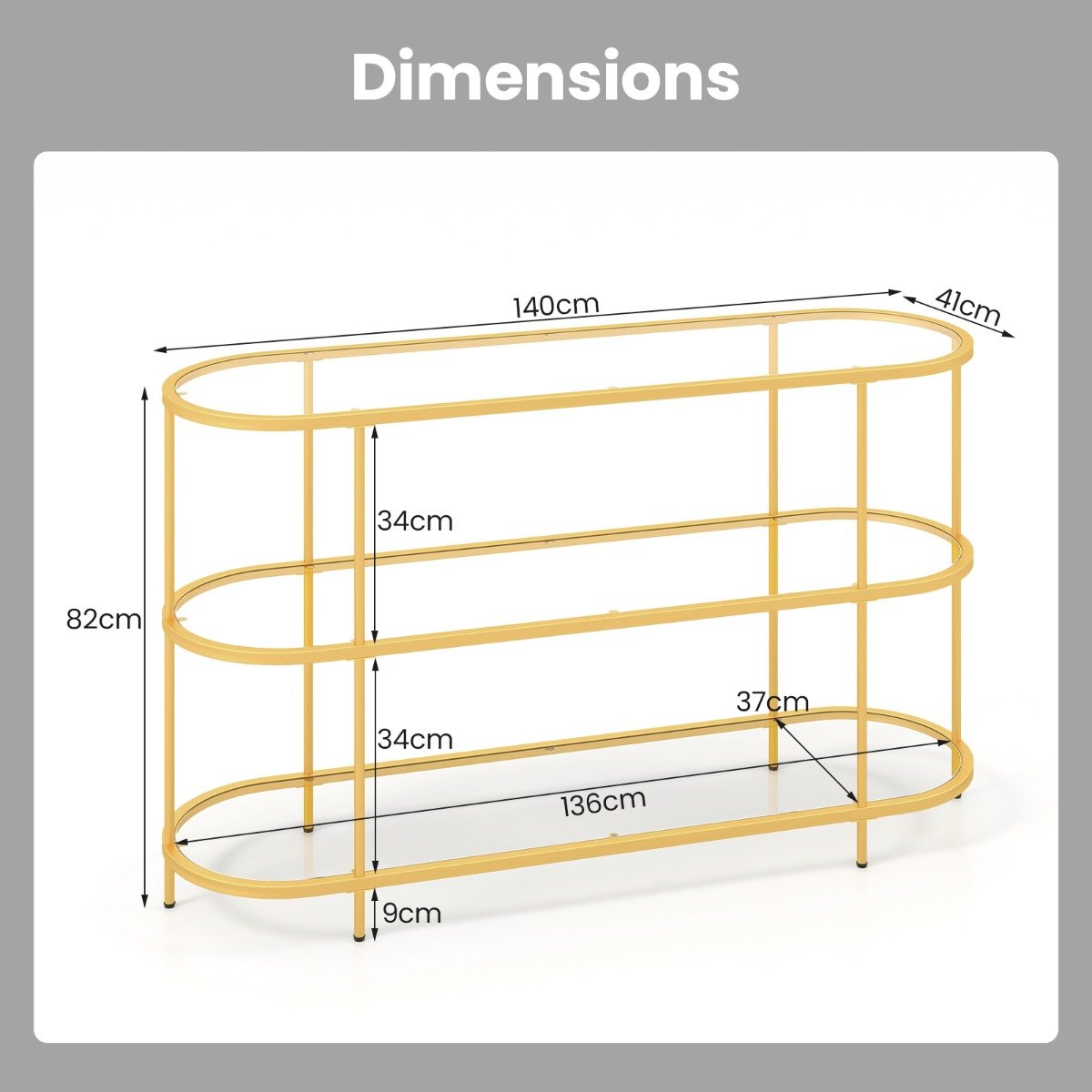 3-Tier TV Stand with Tempered Glass Shelves for TVs-Golden