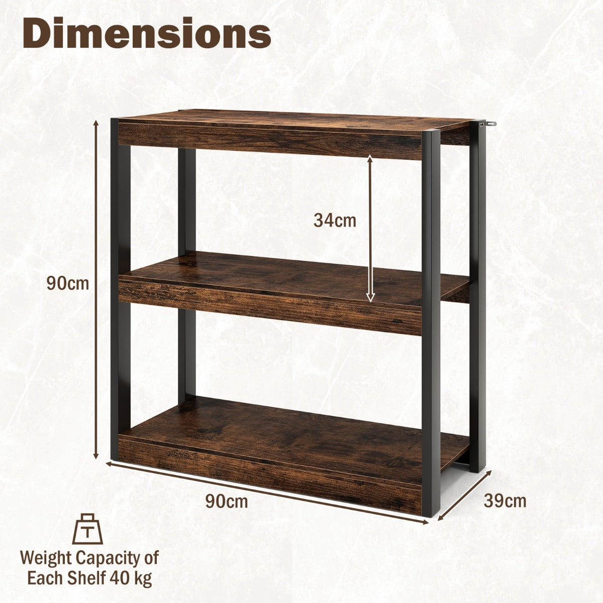 3 Tier Wooden Bookcase with Dual Anti-Tipping Kits and Open Shelving Unit-Rustic Brown