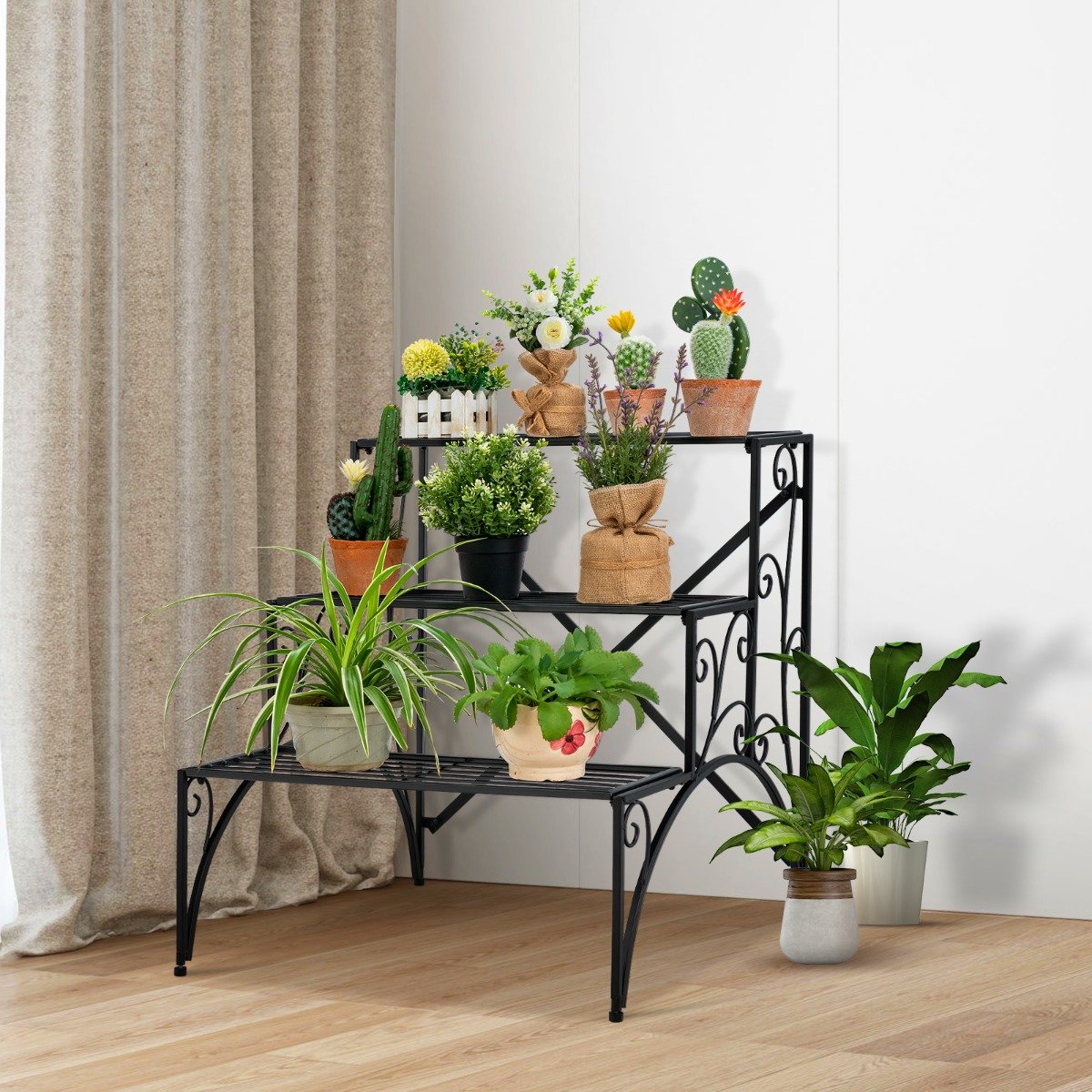 3 Tiers Ladder Flower Pots Holder with Grid Shelves-Black