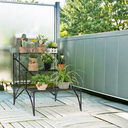 3 Tiers Ladder Flower Pots Holder with Grid Shelves-Black