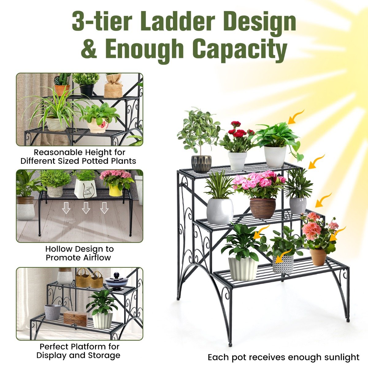 3 Tiers Ladder Flower Pots Holder with Grid Shelves-Black