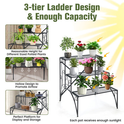 3 Tiers Ladder Flower Pots Holder with Grid Shelves-Black